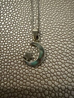 Silver tone Crescent Moon & Star Pendant Necklace with Abalone Inlay